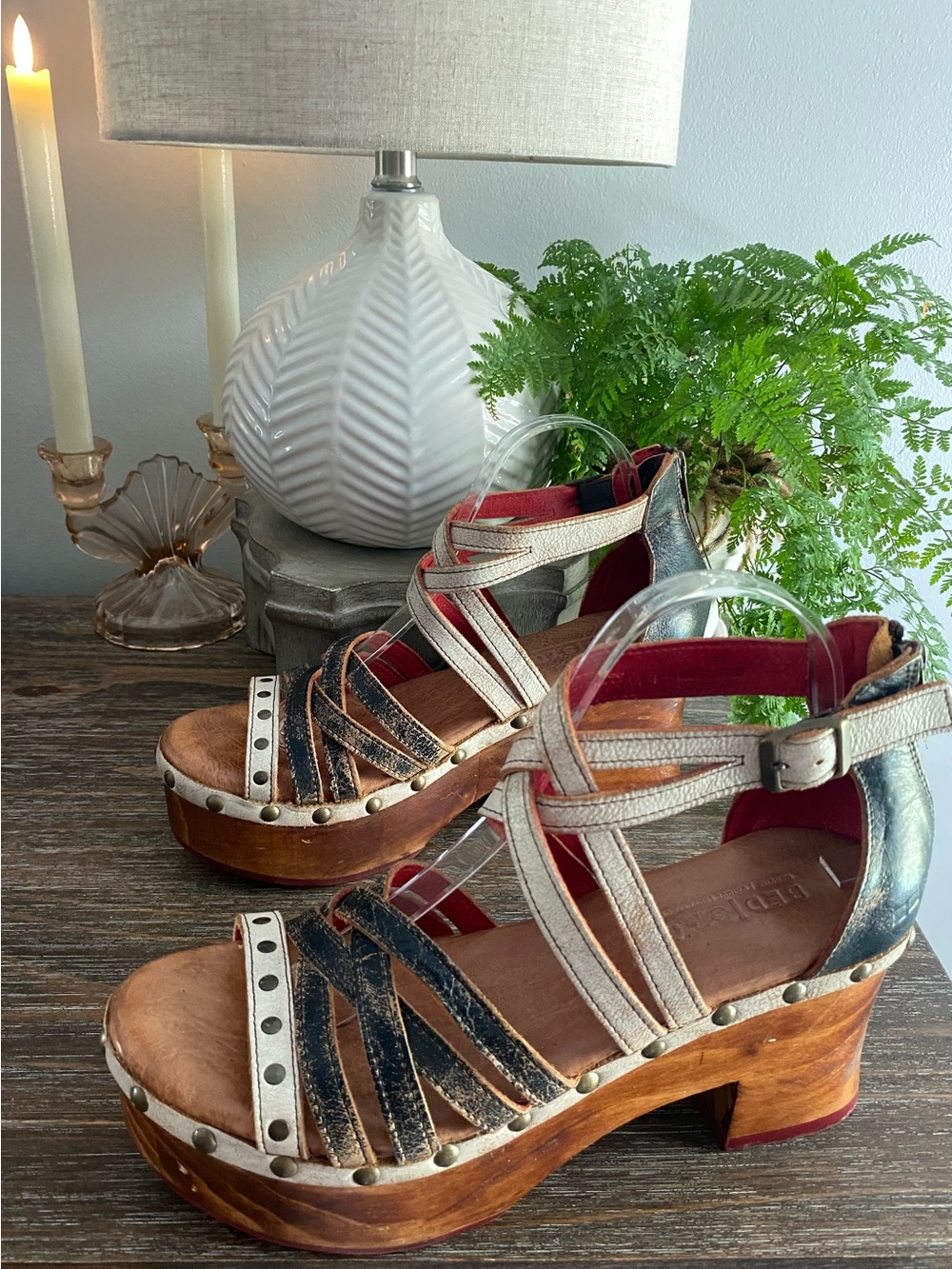 Bed|Stu Antonelli Leather Wood Platform Heeled Sandals Womens 10 Tan Black Lux - Picture 6 of 16